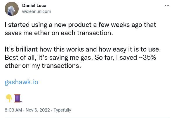 I started using a new product a few weeks ago that saves me ether on each transaction. It&#39;s brilliant how this works and how easy it is to use. Best of all, it&#39;s saving me gas. So far, I saved ~35% ether on my transactions.